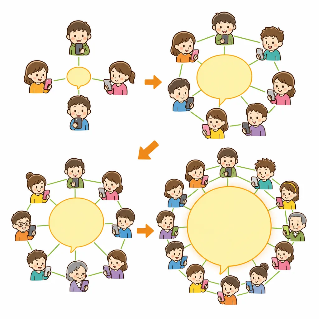 インターネットで 同じ 意見の 人どうしがつながり、話が 一気に 広がる 様子。