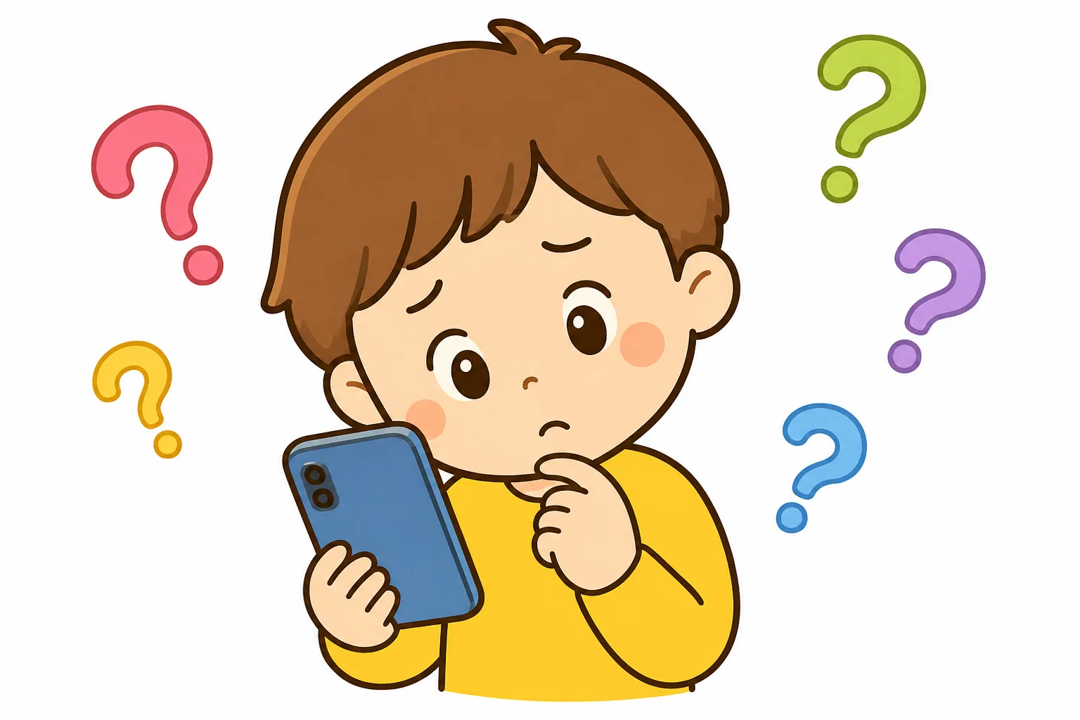 スマートフォンで「かくれた 悪者がいる」という 話を 目にして、なやむ 様子。