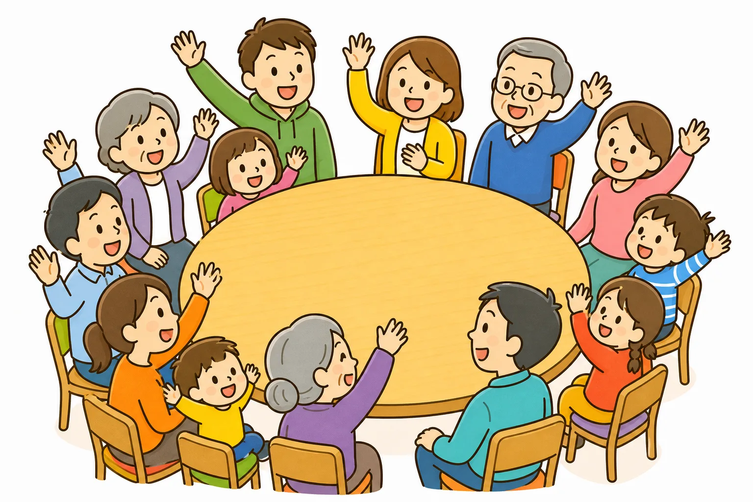 たくさんの人が意見を出し合い、みんなで決めていくようす。