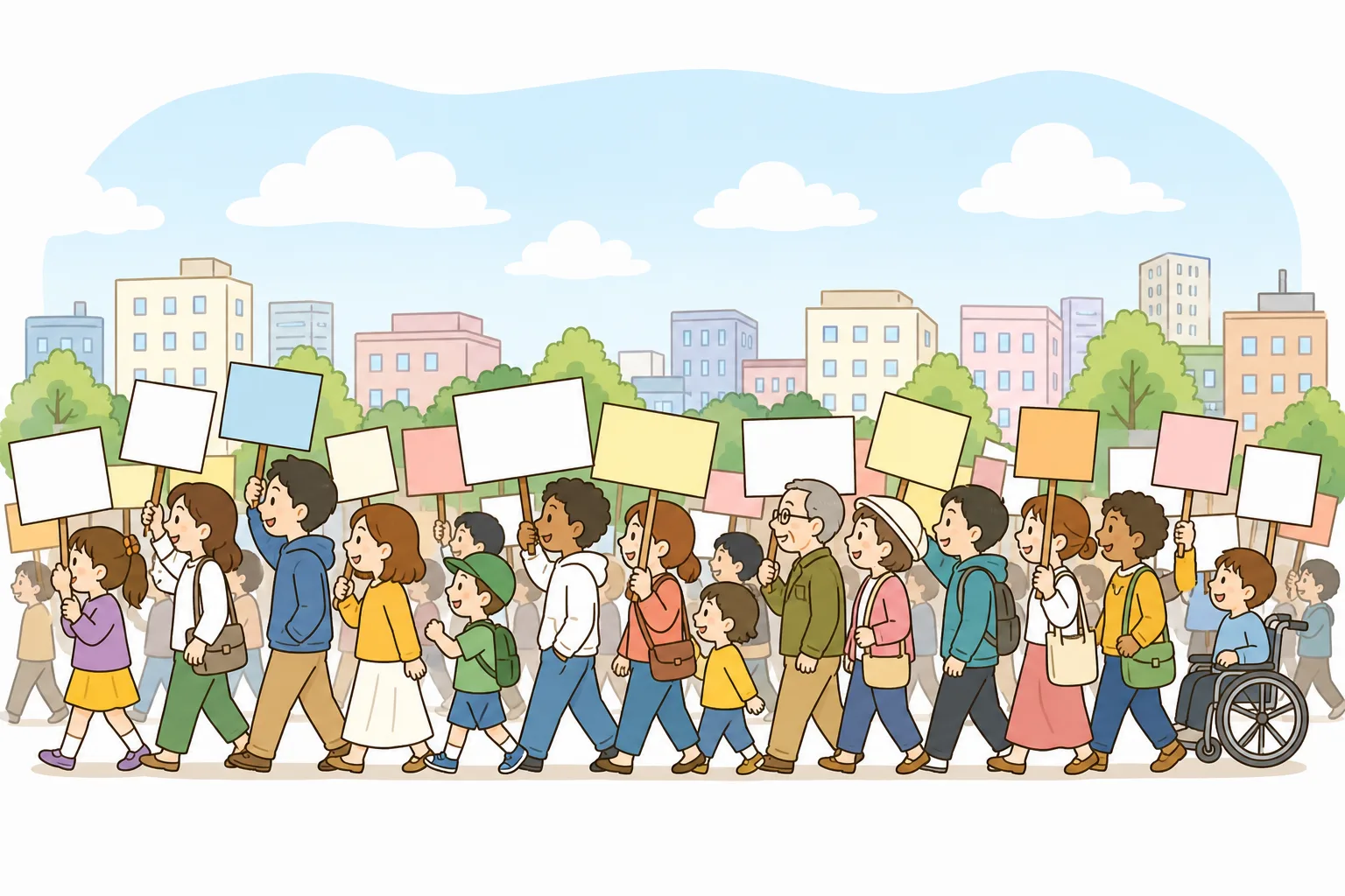 おおぜいの 人が 通りに 集まり、いっしょに 声を あげています。