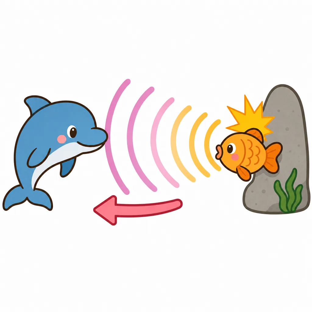 魚にぶつかった音が、こだまとなってイルカへはね返ってくるところ。
