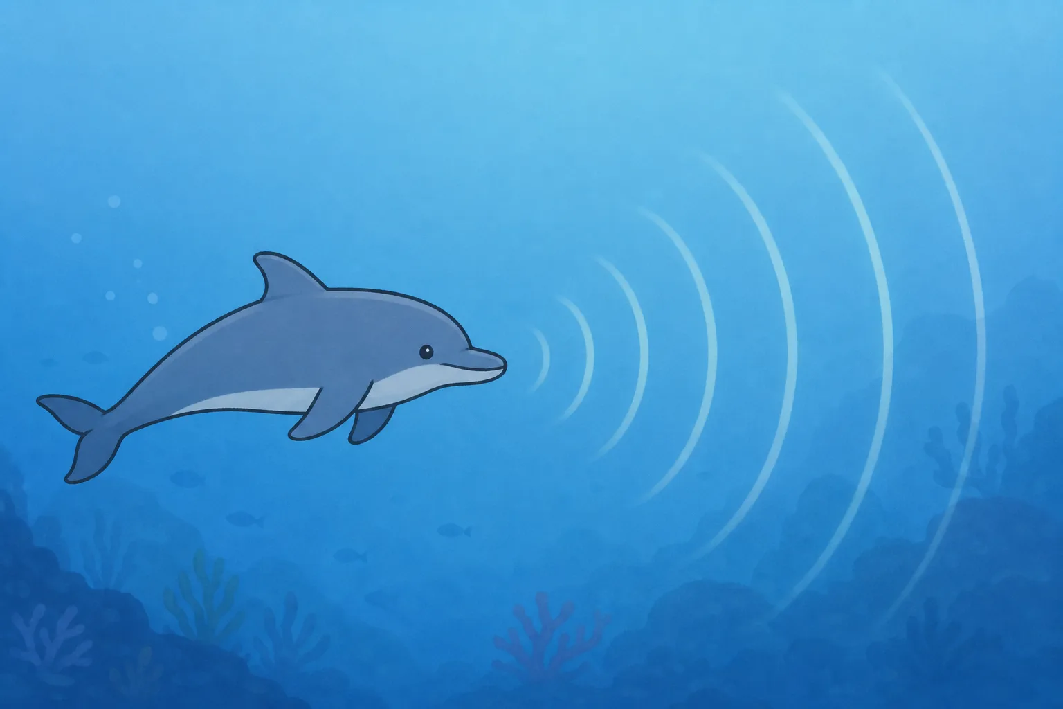 光のとどきにくい海の中を、音をたよりに泳ぐイルカ。