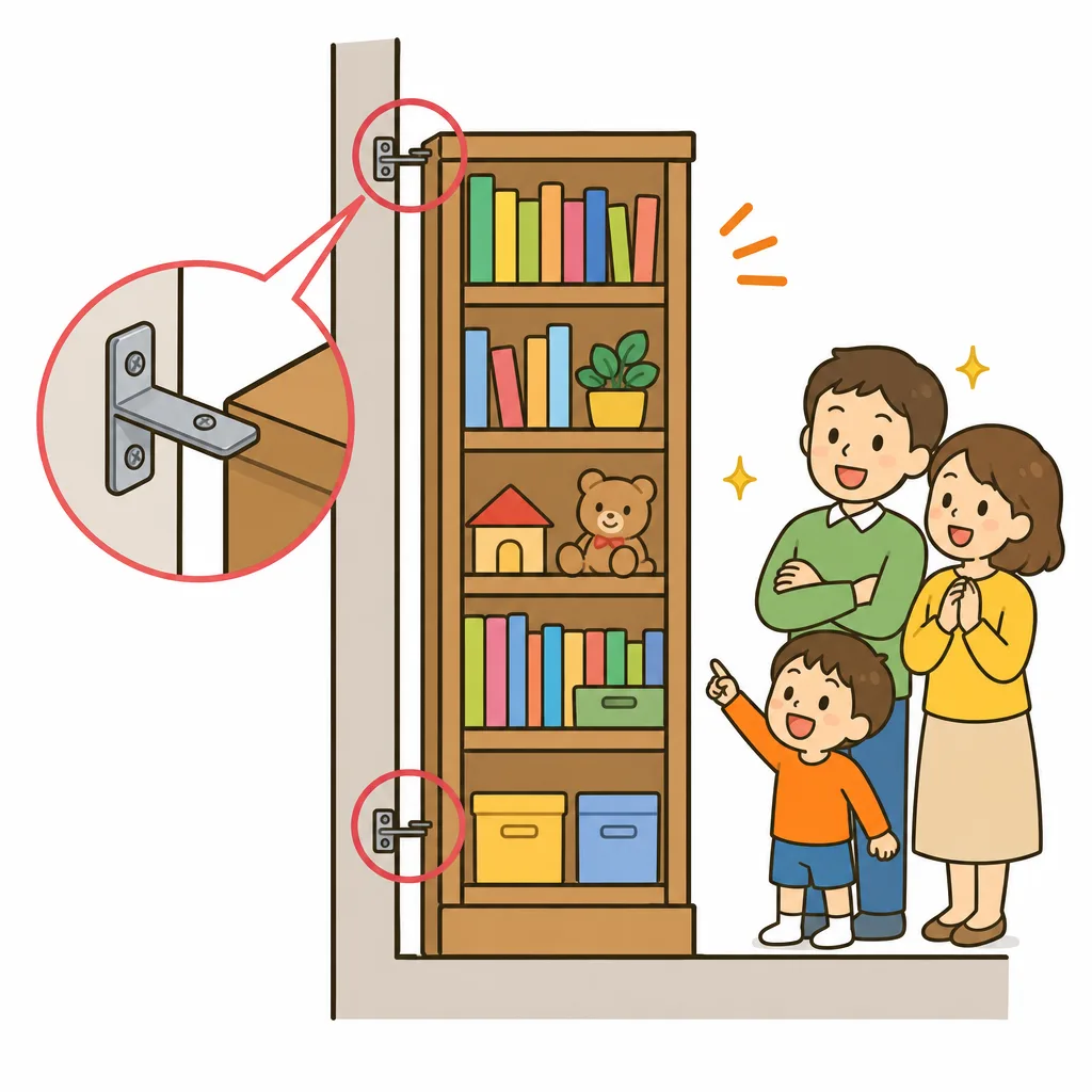 本だなやたんすは、L字金具で壁に固定して倒れないようにする。