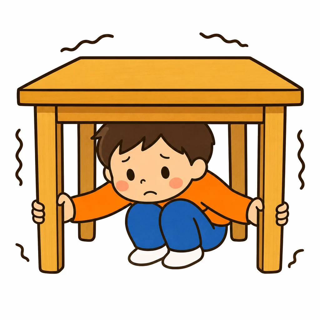 ゆれを感じたら、机の下にもぐって頭を守り、脚をつかんで待つ。