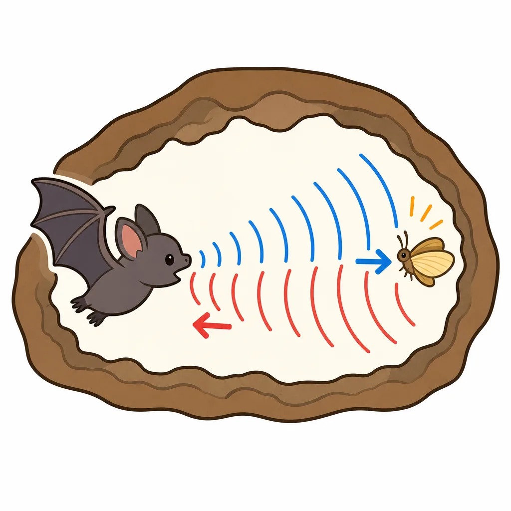 コウモリの出した音が虫にあたり、はねかえって戻ります。