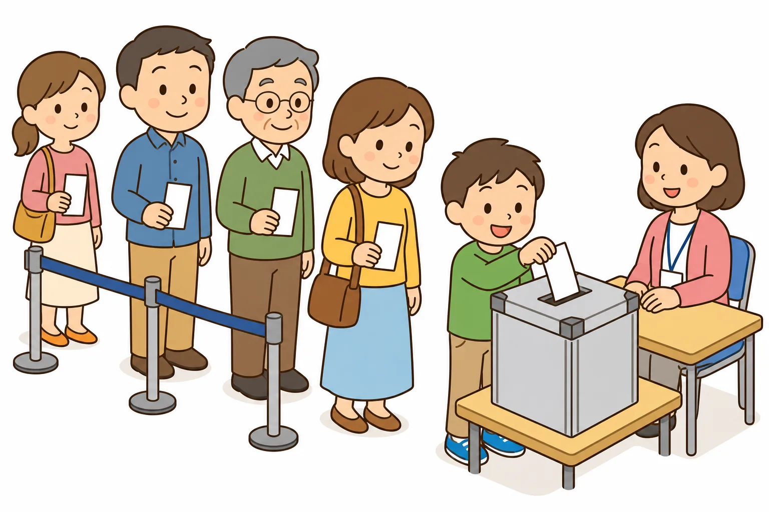 投票所で投票箱に紙を 入れる ようす。