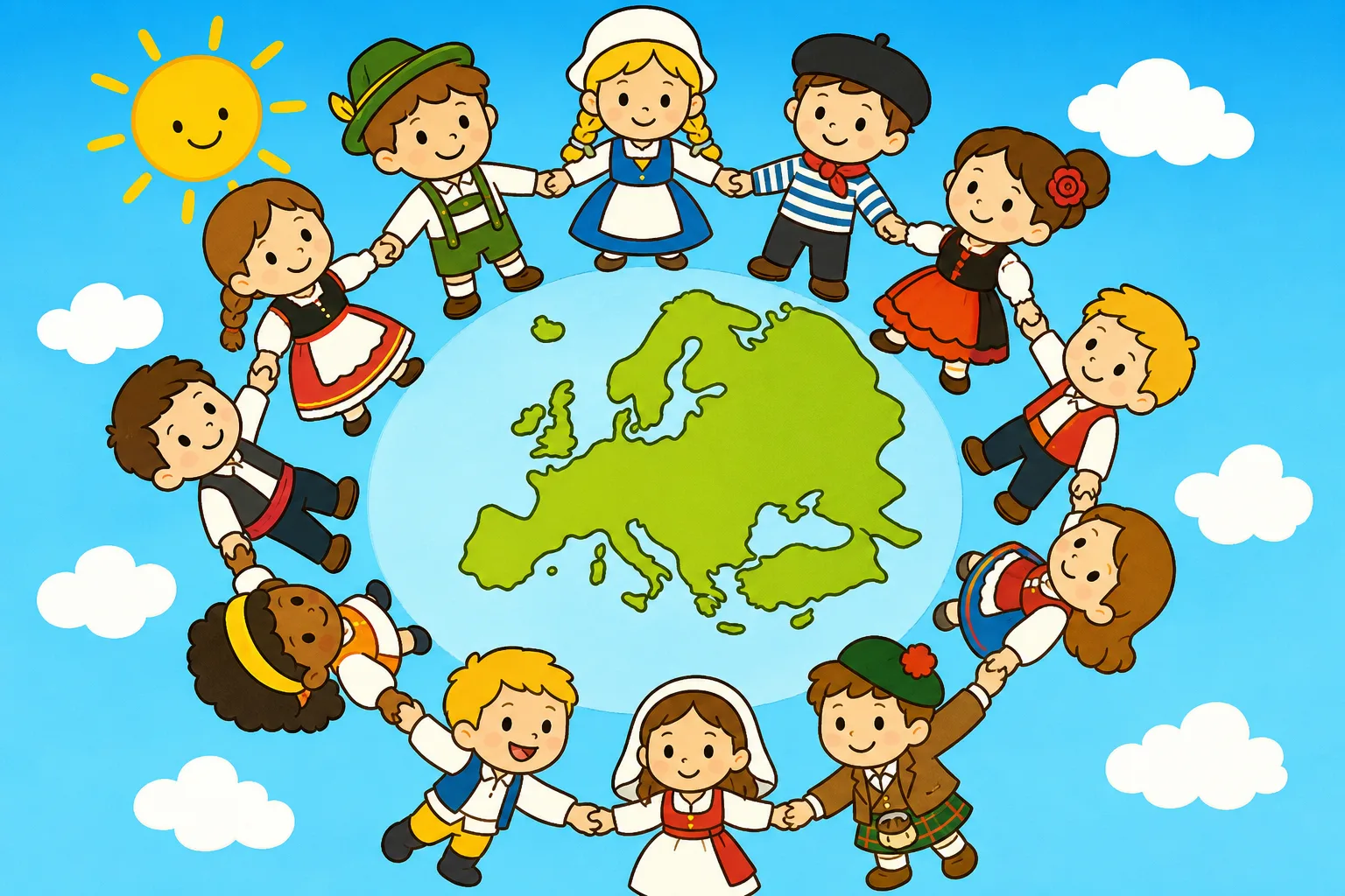 ヨーロッパの国が 集まって つくる 仲間、EUのイメージ。
