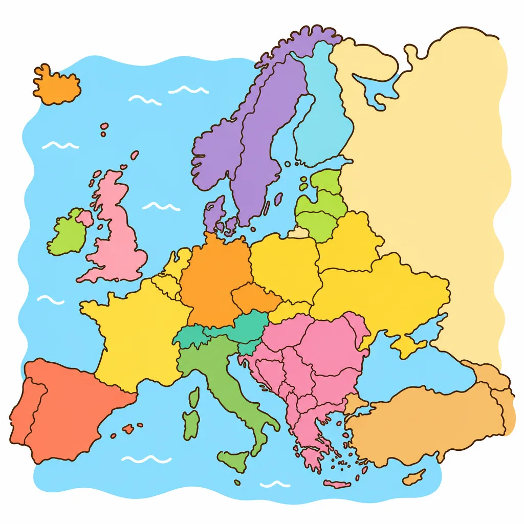 ヨーロッパの 地図。同じ 色の 国が、ユーロを 使うユーロ圏です。