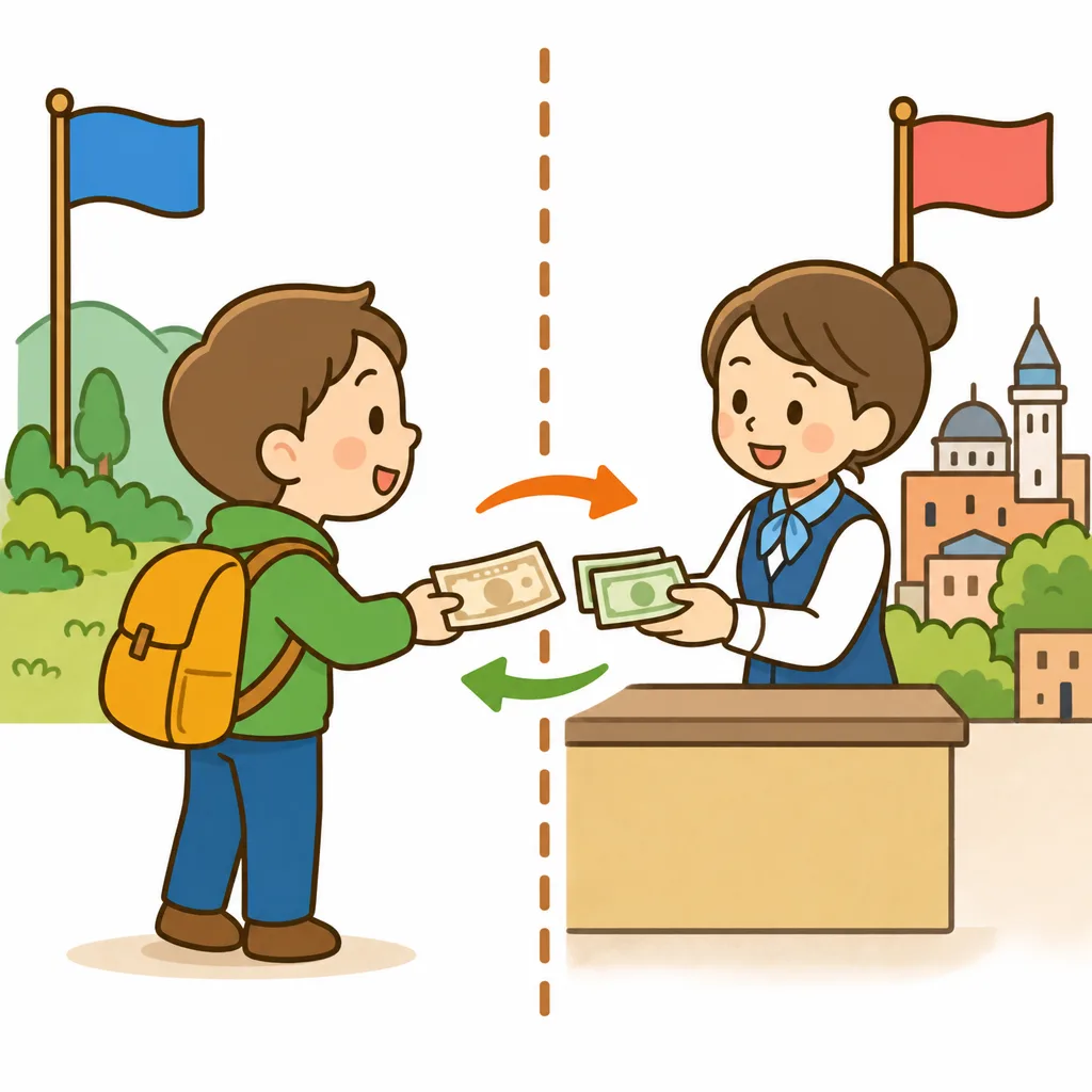 むかしは 国ごとにちがうおかねで、国境をこえるたびに 両替が 必要でした。