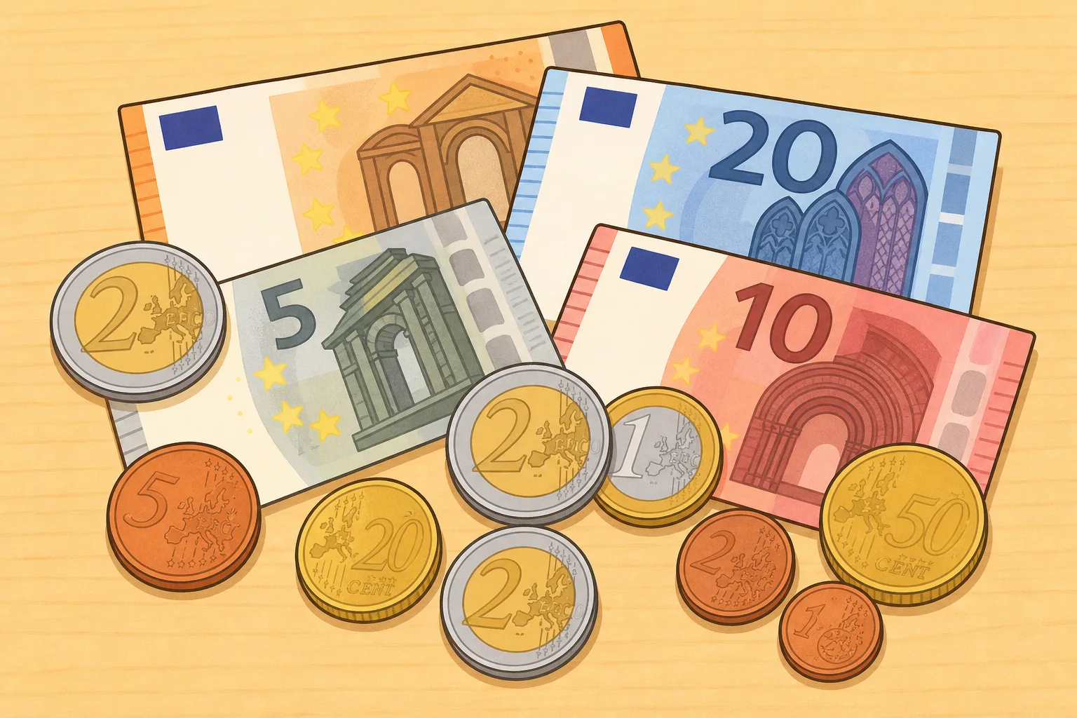 ユーロの 硬貨と 紙幣。ヨーロッパの 多くの 国で 使われています。
