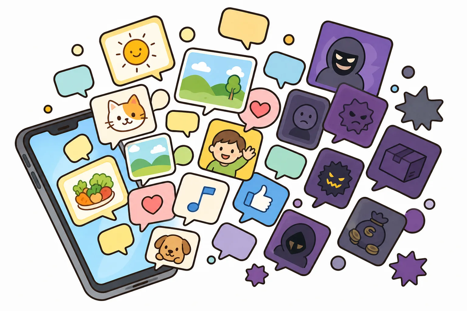 スマートフォンの画面に、たくさんの情報があふれている様子。本物とうそがまざっている。