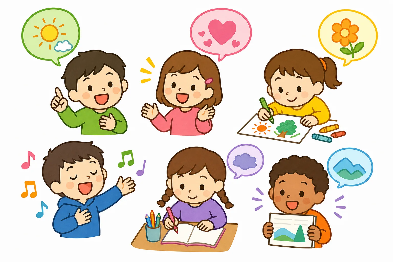 言葉や 絵、歌など、いろいろな 方法で 気持ちをつたえるようす。