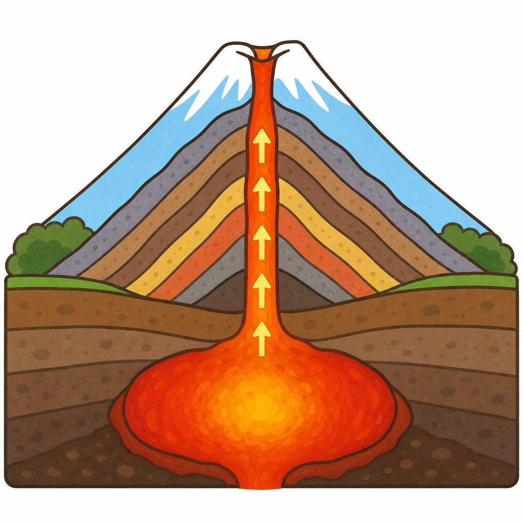 マグマが つみかさなって 富士山が できたしくみ。