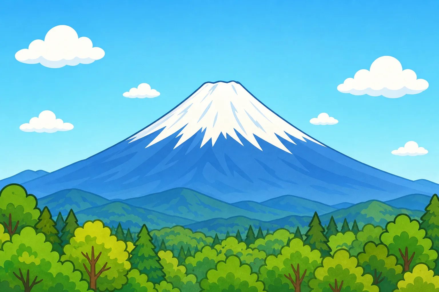 きれいな 円すいの かたちを した 富士山。