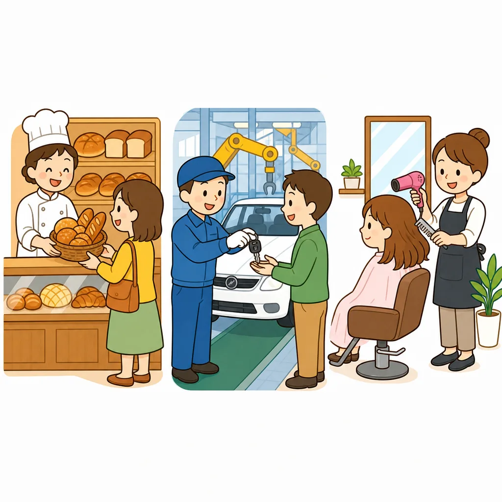 まず国じゅうの会社や店が、モノや サービスをつくって売る。