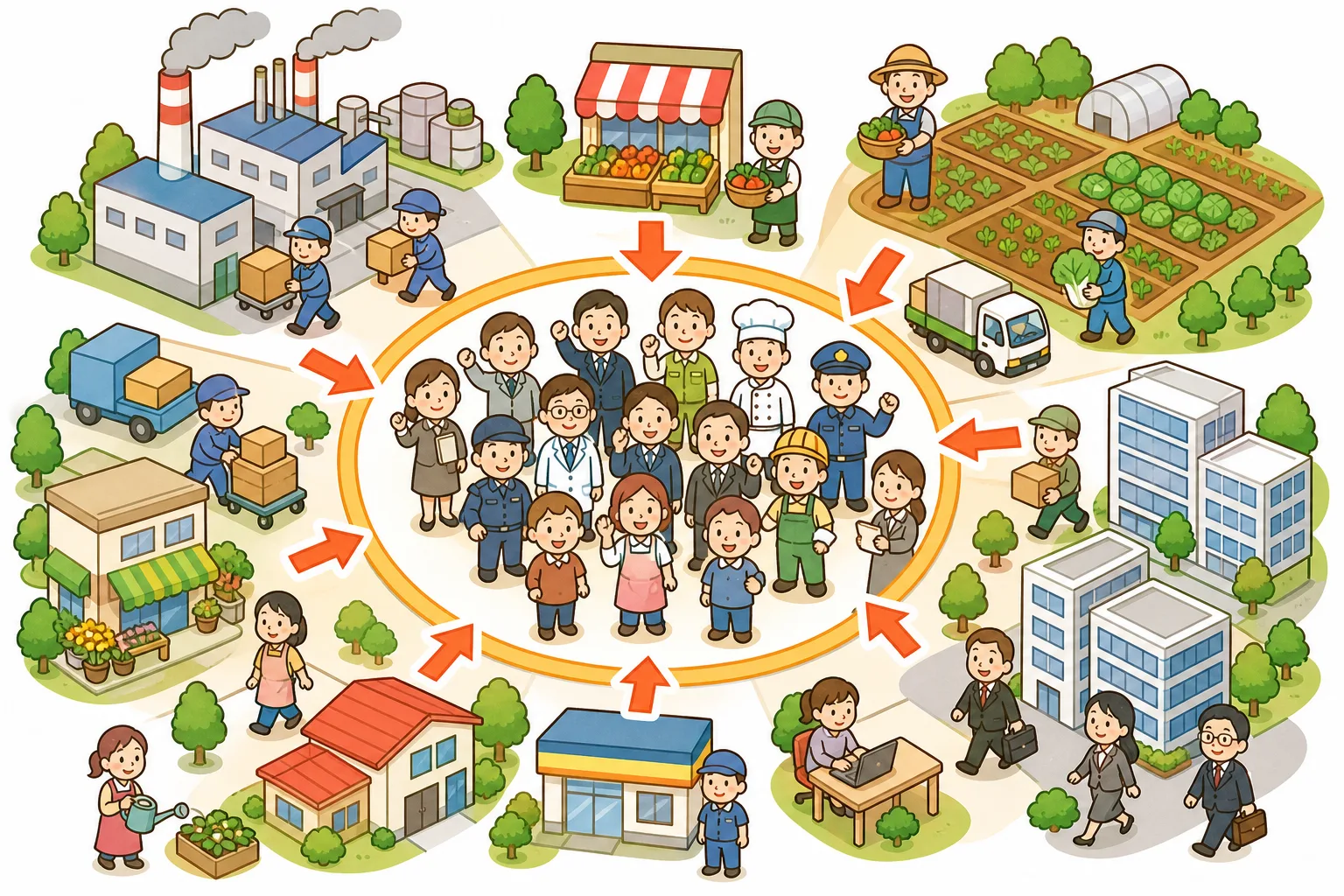 工場や店、はたらく人たちのはたらきを合わせた大きさがGDP。