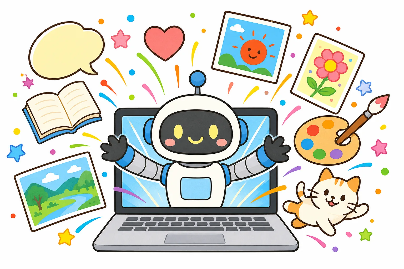 たのんだことに合わせて、文章や絵を生み出す生成AIのイメージ。