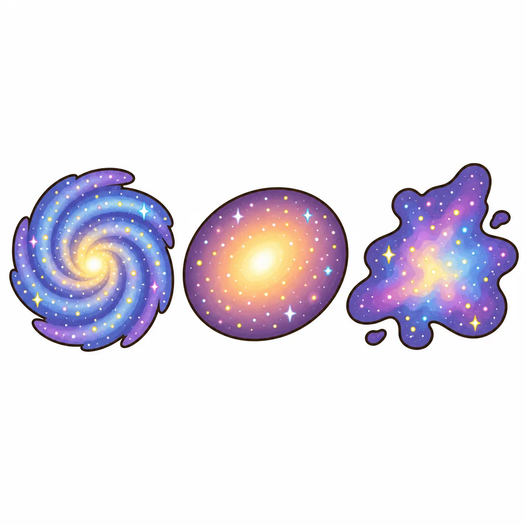 うずまき、だ円、不規則の3つのちがう形の銀河をならべた図です。