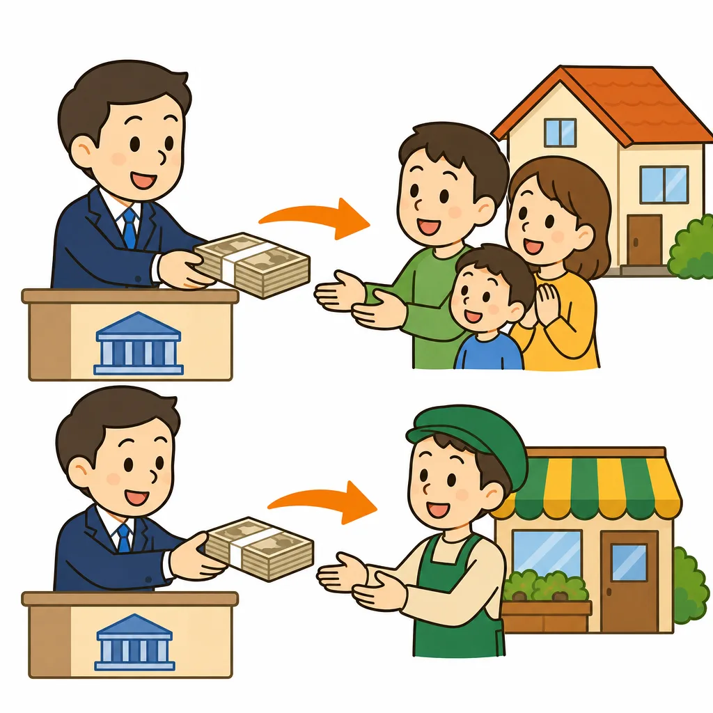 銀行は、家を買う人やお店をはじめる人にお金をかします。