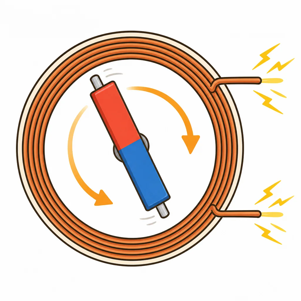 じしゃくをコイルの 中で 回すと 電気が 流れます。これが 発電の 基本です。