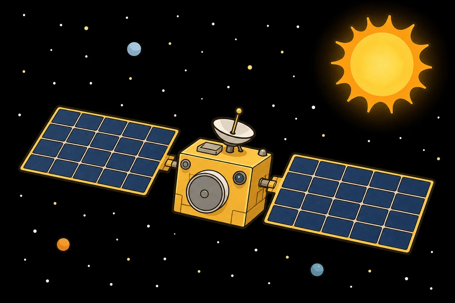 宇宙を飛ぶはやぶさ2。大きな翼は太陽の光で電気を作るパネルです。