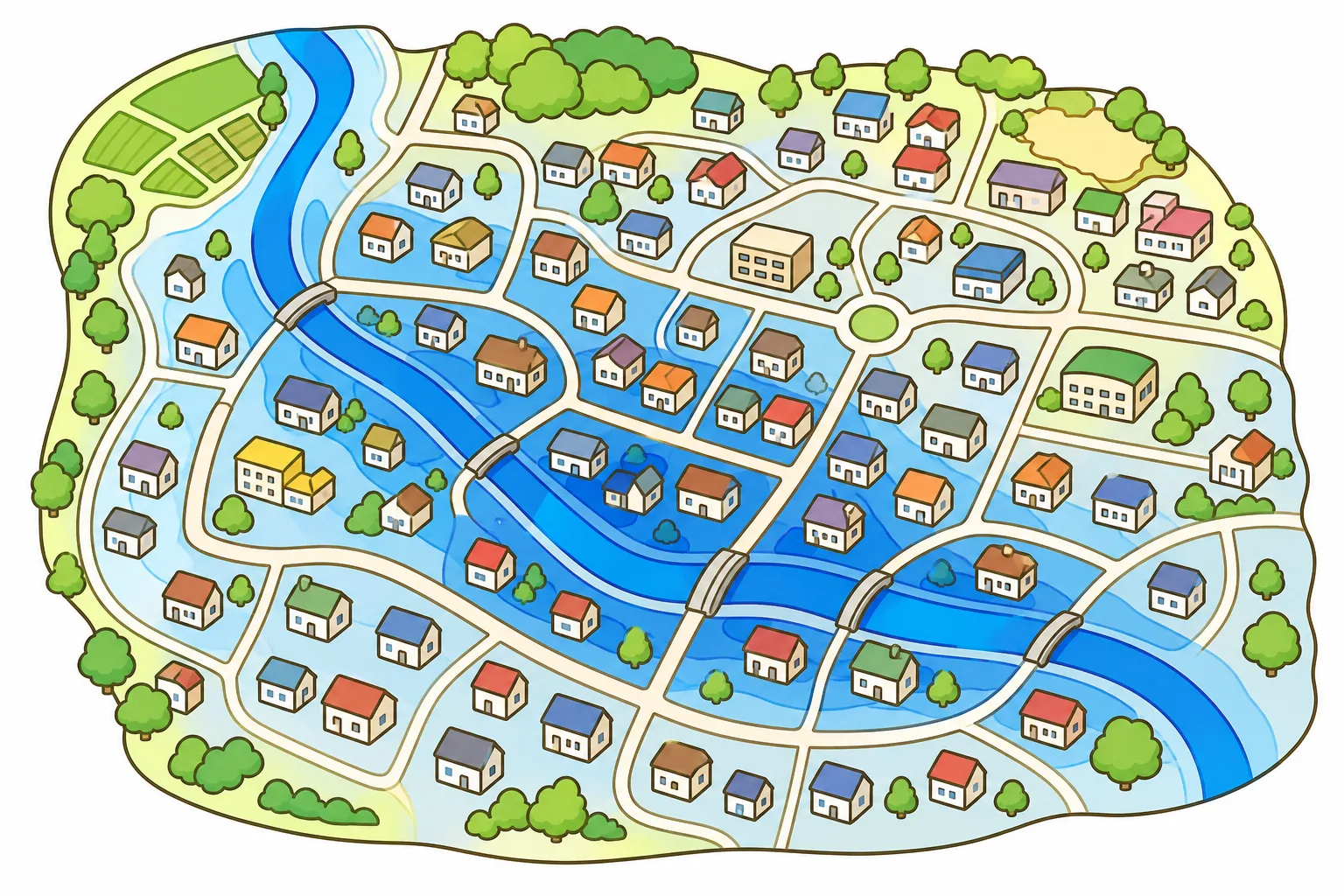 危険な場所を色分けして示した町の地図です。