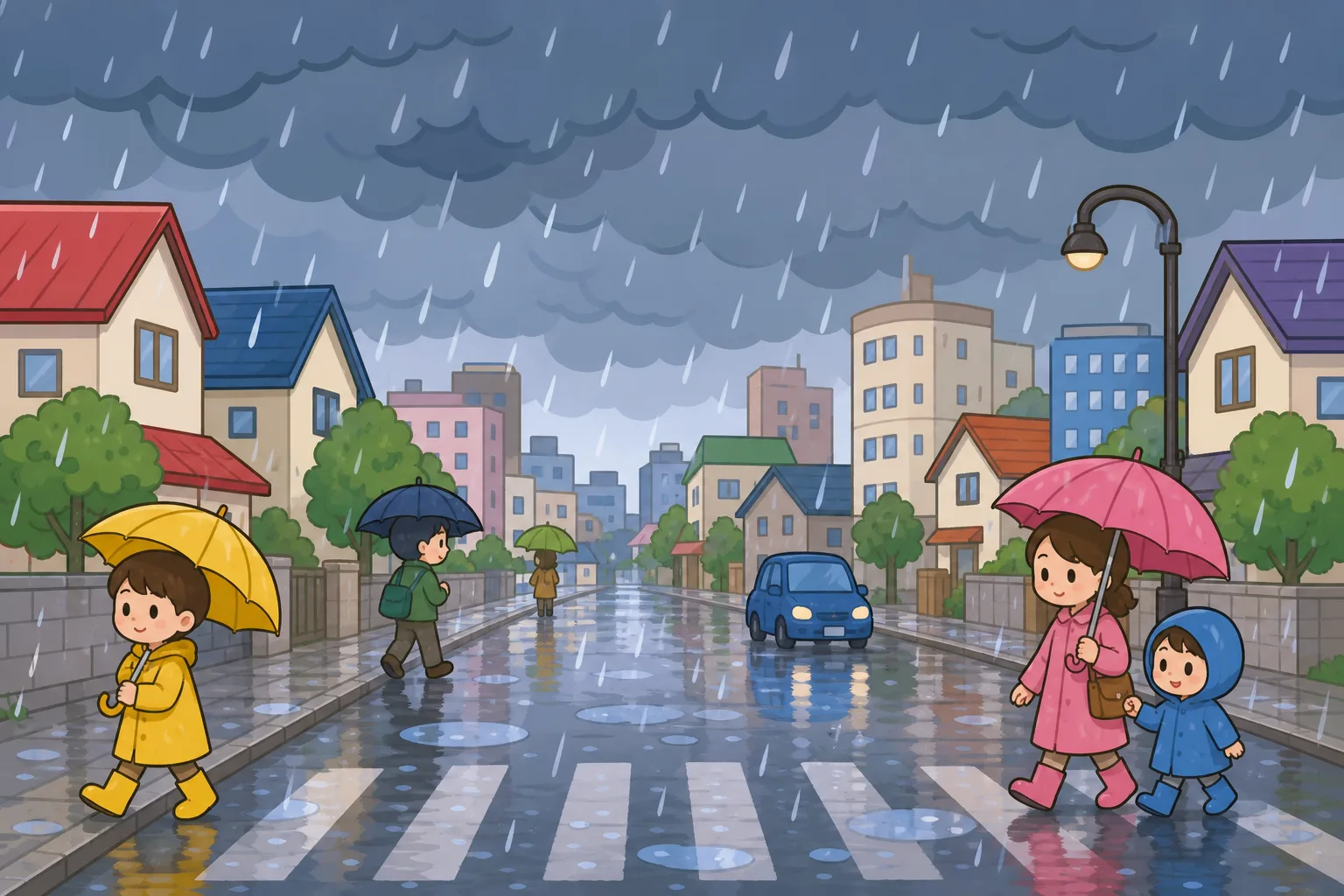 大雨で雨雲が空いっぱいに広がった まちの ようす。