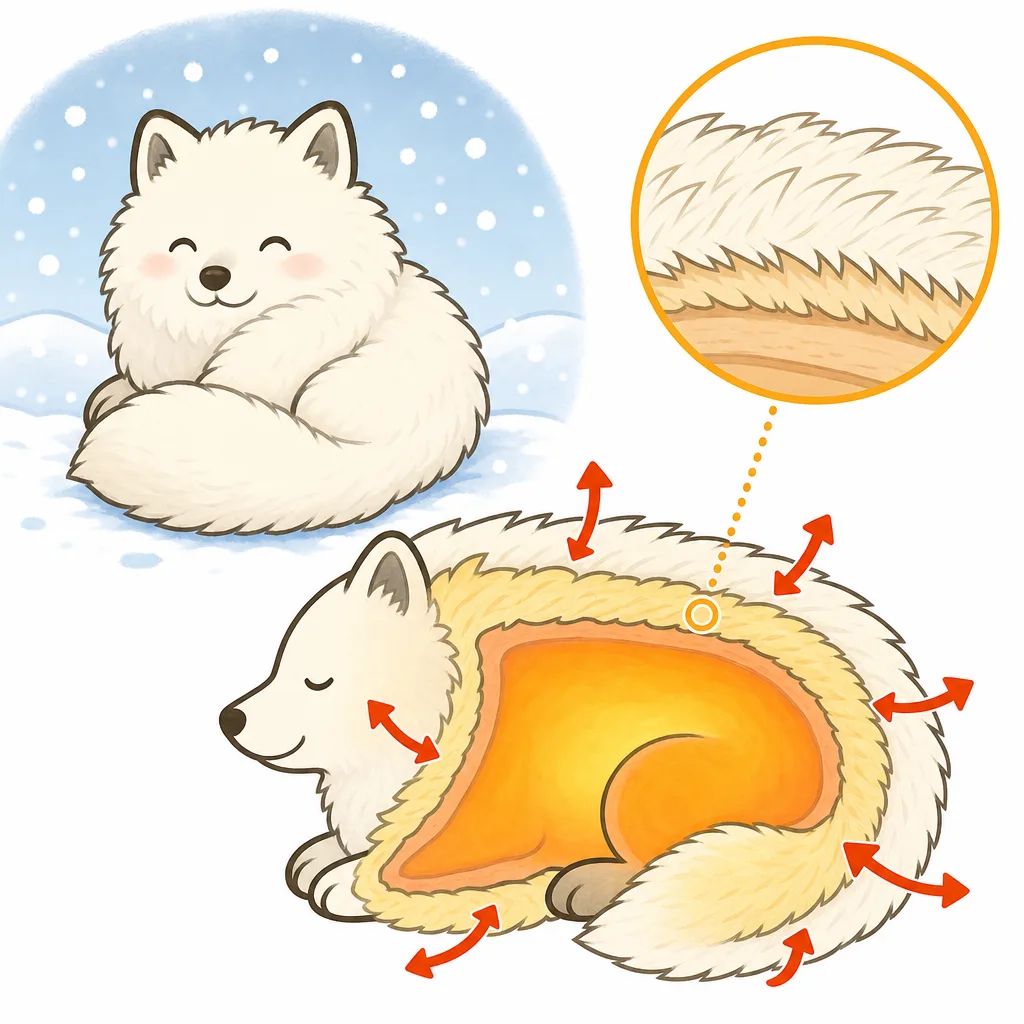 体をおおう 毛が、寒さから 体温を 守るようす。