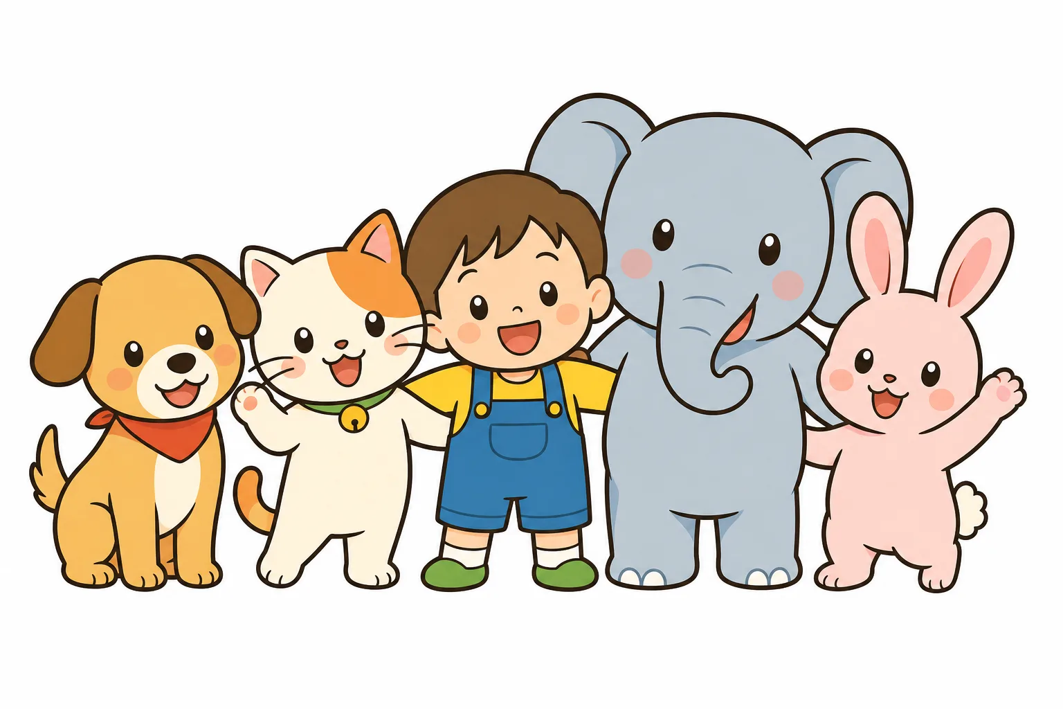 イヌやネコ、ゾウ、人間など、さまざまな 哺乳類が 集まっているようす。