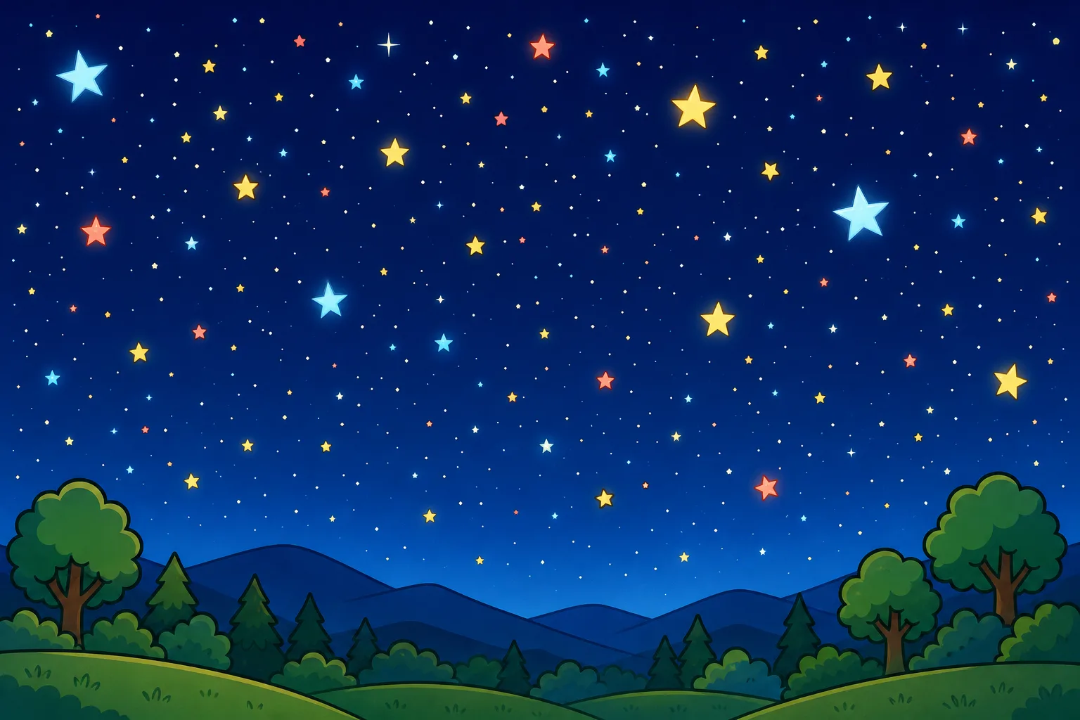 夜空には、大きさも色もさまざまな星がかがやいています。