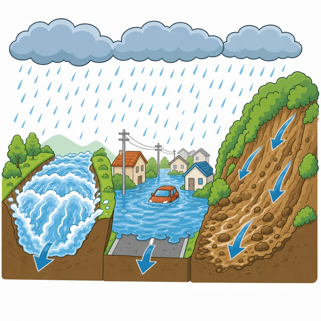 大雨で起こる危険。川の増水、道路の冠水、土砂災害。