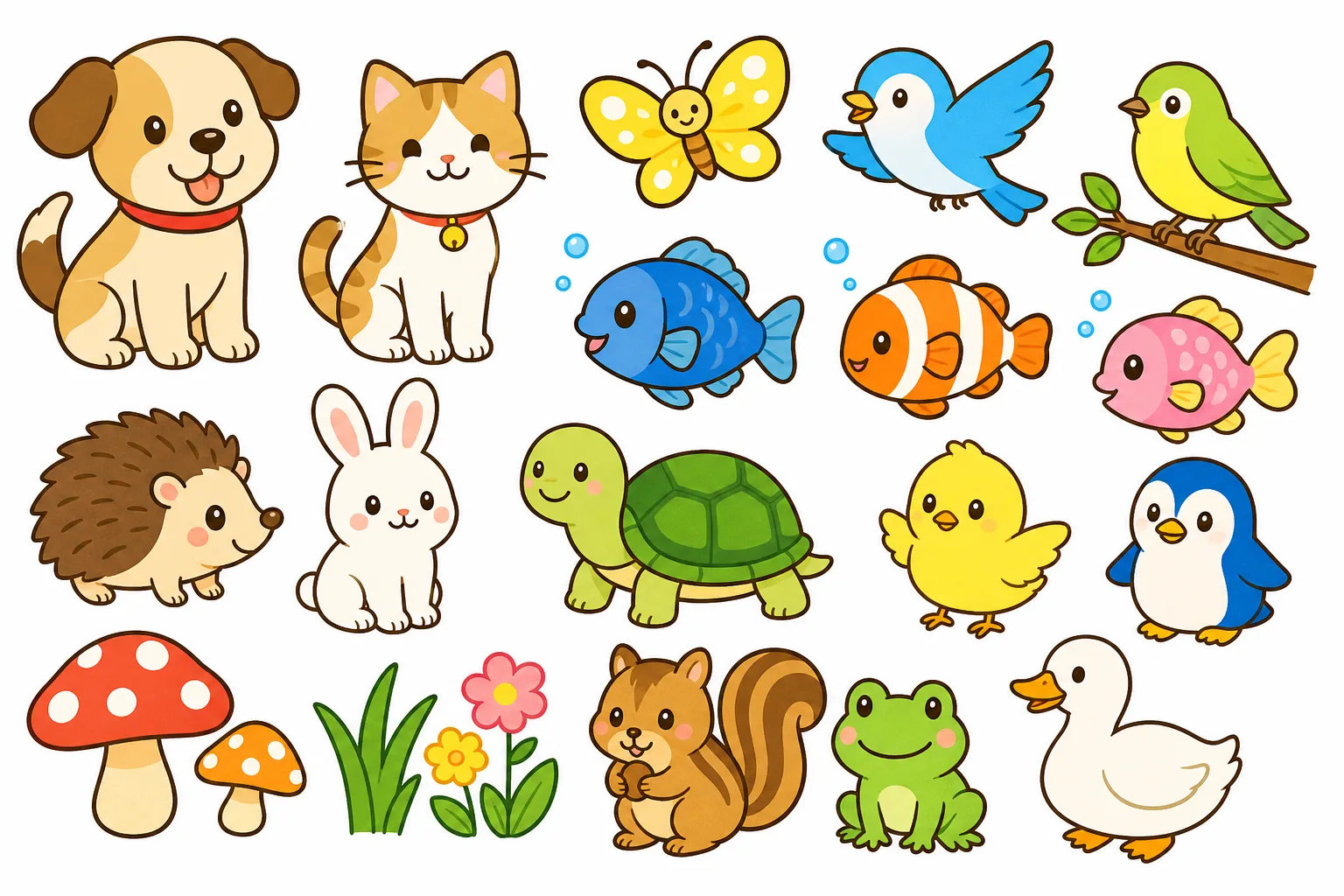 さまざまな生き物が集まっている様子。似たものどうしを仲間に分けるのが分類です。