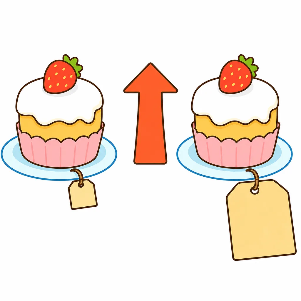 同じおかしのねだんが、時間がたつと上がっていくようす。