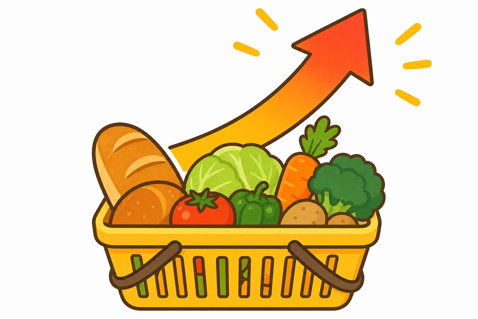 買いものかごの商品のねだんが上がっていくイメージ。