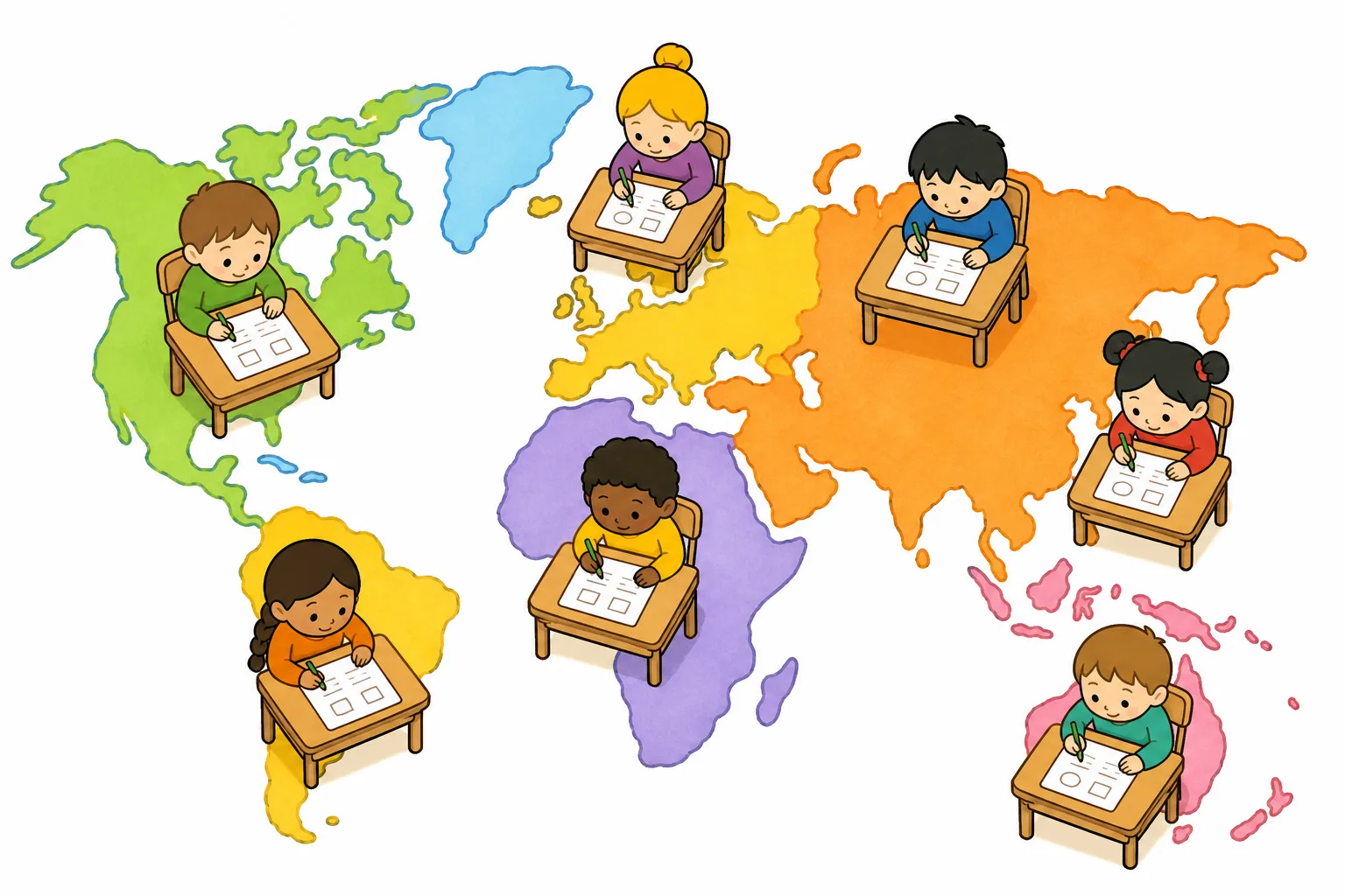 世界地図の上で、いろいろな国の子どもが同じような問題に取り組んでいます。