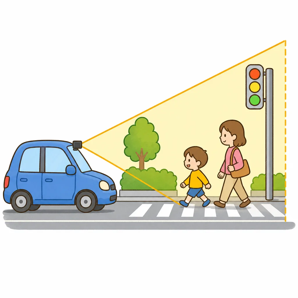 カメラは 人や 信号、標識をうつして 見わけます。