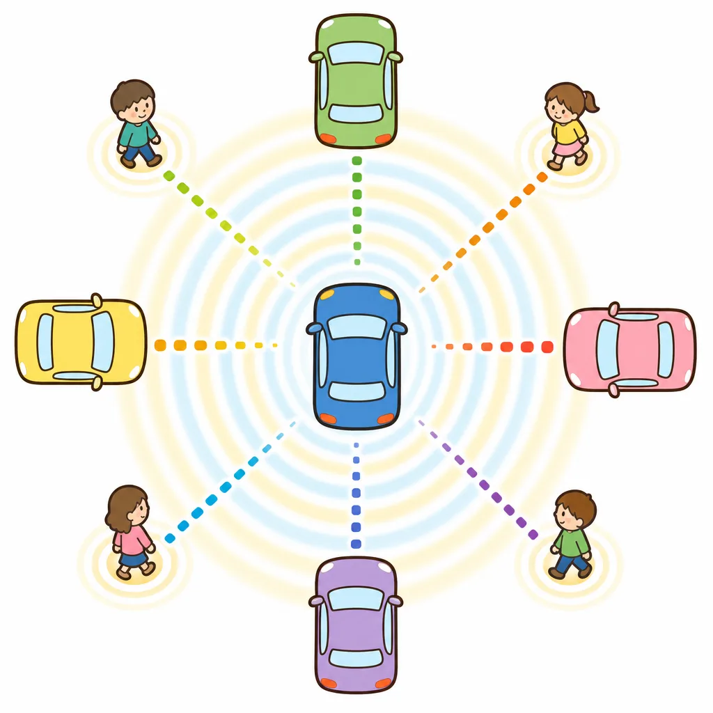 レーダーやセンサーが 電波や 光をとばして、ものまでの 距離をはかります。