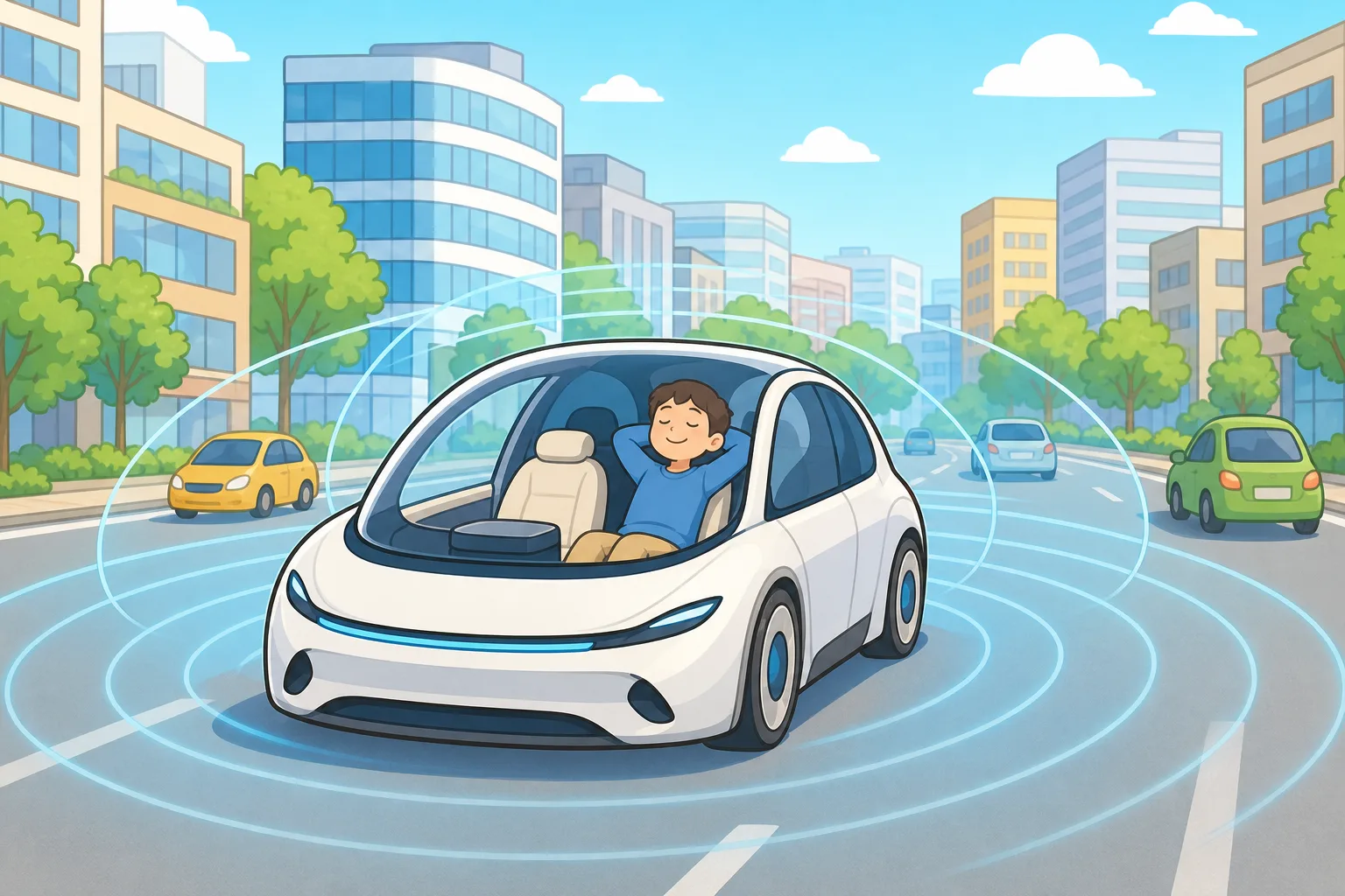自動運転の 車は、まわりをたしかめながらじぶんで 道を 走ります。