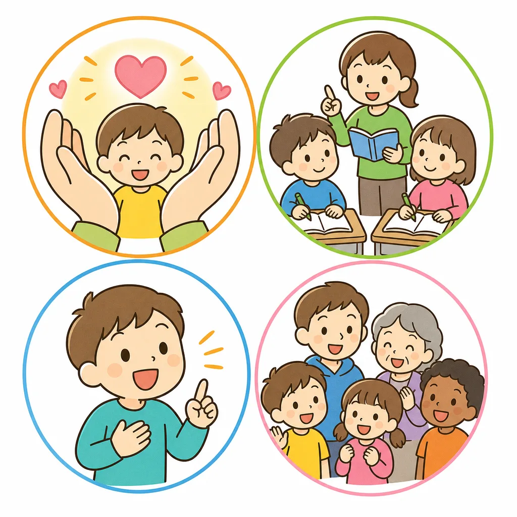 人権にはいろいろなしゅるいがあります。学ぶこと、考えを言うこと、差別されないことなど。