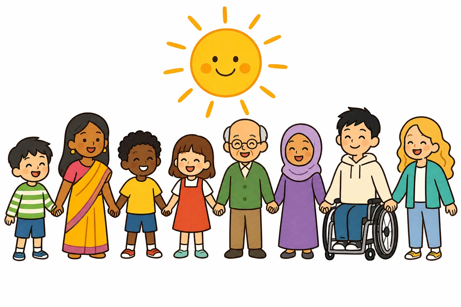 年齢も国もちがう人たちが、みんな同じように大切にされている、というイメージ。