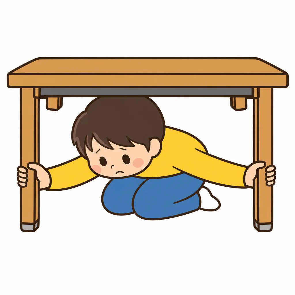 ゆれたらまず 机の 下にもぐり、頭を 守ります。