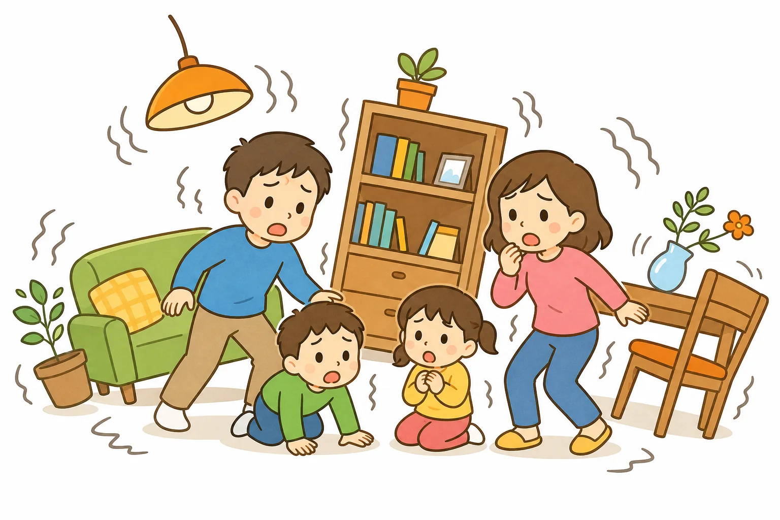いつ 起きるかわからない 地震。ふだんのそなえが 身を 守ります。