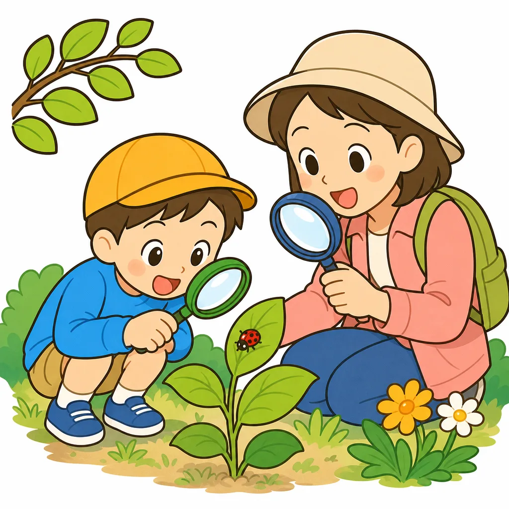 虫({むし}めがねで自然({しぜん}をじっくり観察({かんさつ}する。発見({はっけん}は観察({かんさつ}から始({はじ}まる。