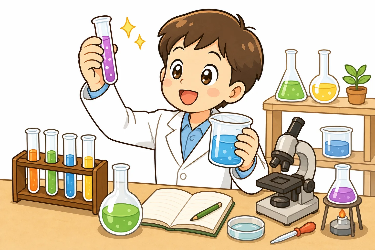 実験({じっけん}をして、予想({よそう}が正({ただ}しいか確({たし}かめる科学者({かがくしゃ}。