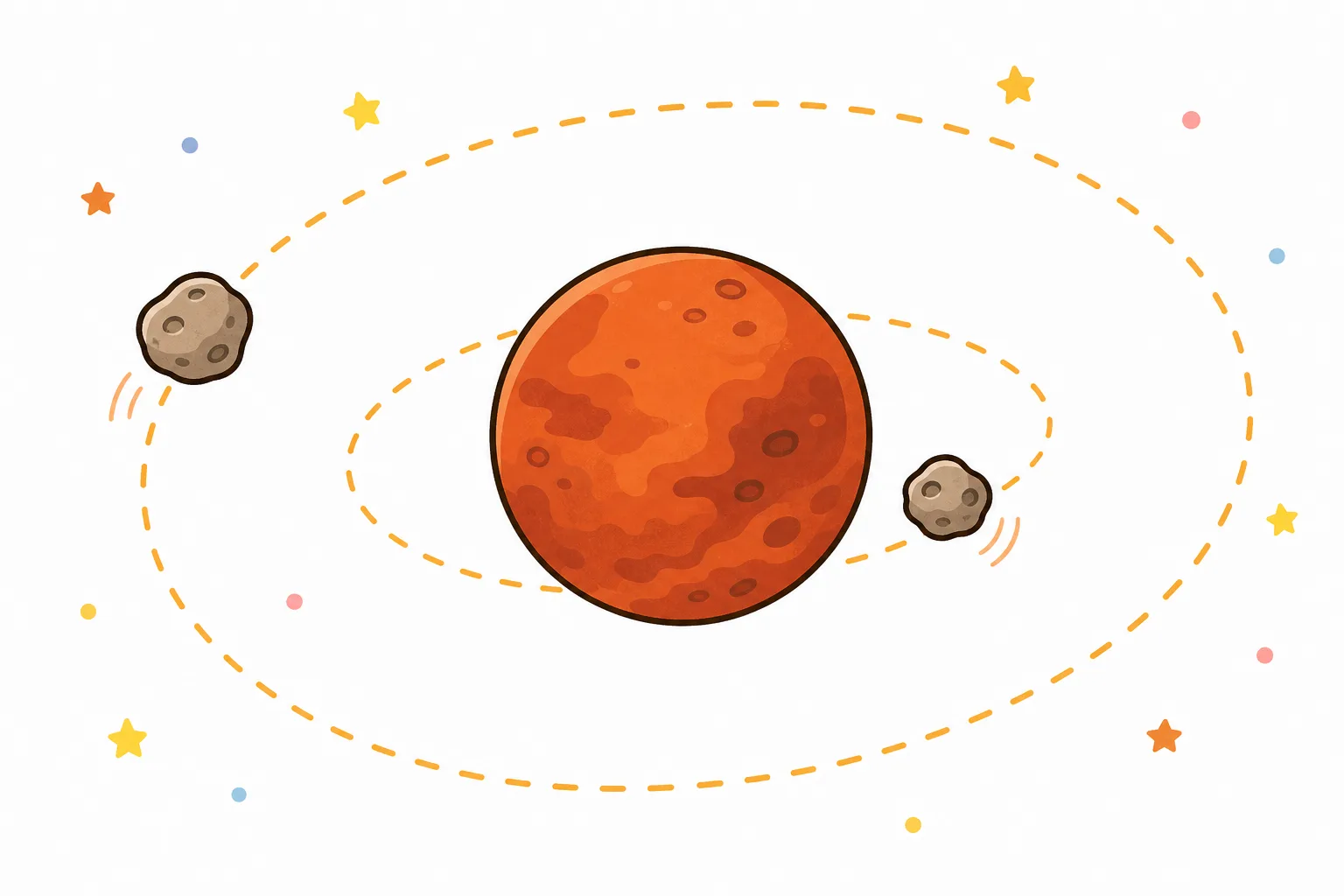 あかい火星と、まわりをまわる2つの小さな月フォボスとダイモス。