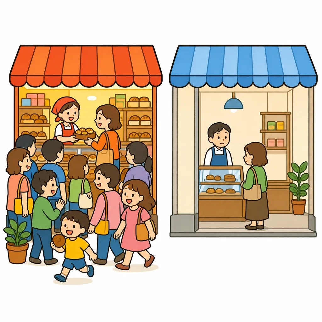 左は景気がいいとき、右はわるいとき。おみせの にぎわいが ちがいます。