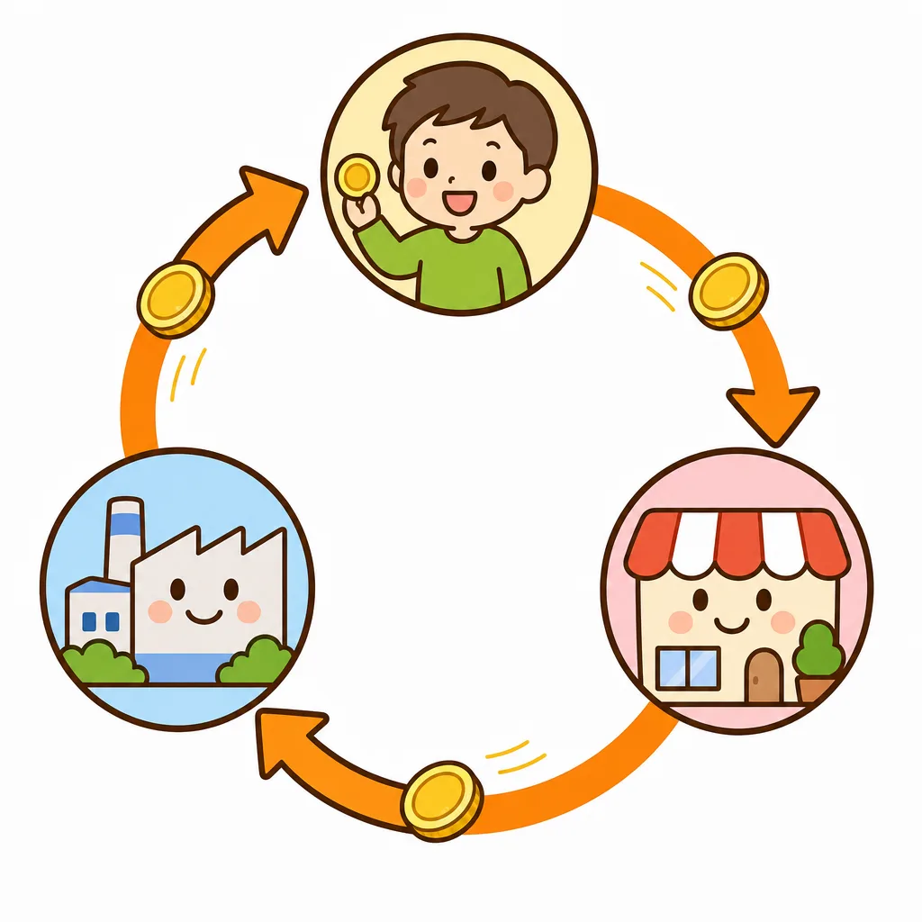 かいもの→おみせ→働く人→また かいもの、と おかねが 回るようす。