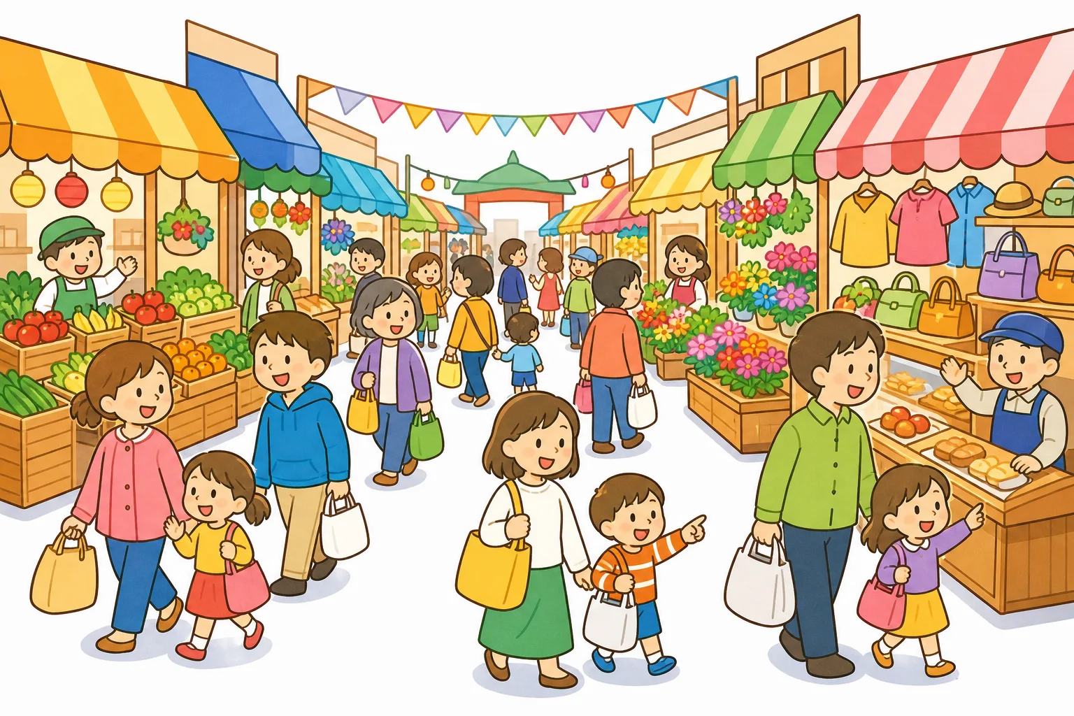みんなが かいものを して にぎわう まち。景気がいい ときの ようすです。