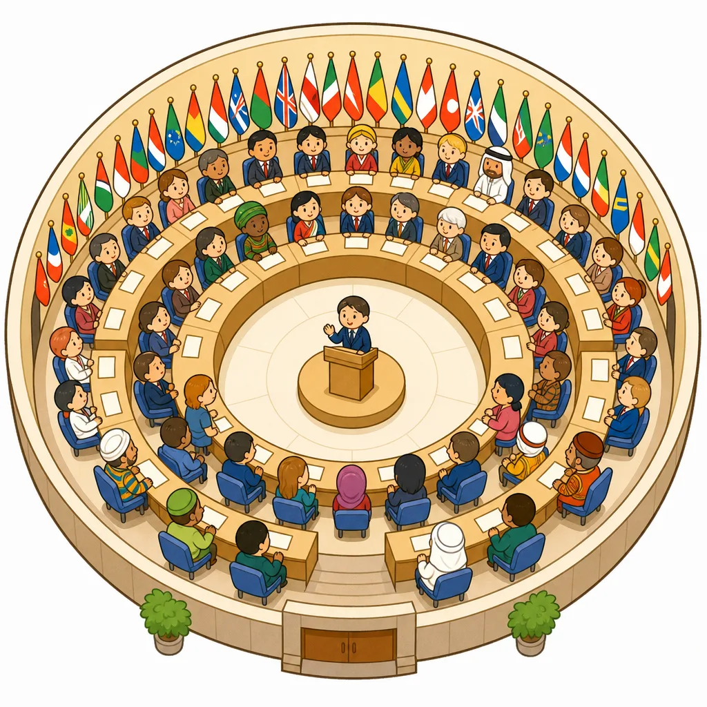 世界じゅうの国の代表が集まって話し合う会議の様子。