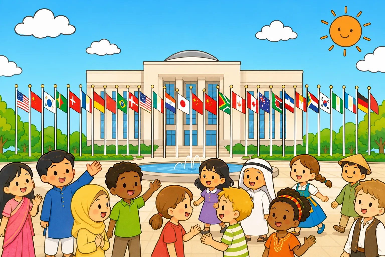 たくさんの国の旗がならぶ国連の本部のイメージ。